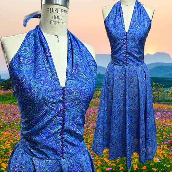 Blue Paisley Halter Dress w/Full Circle Skirt - Picture 1 of 1
